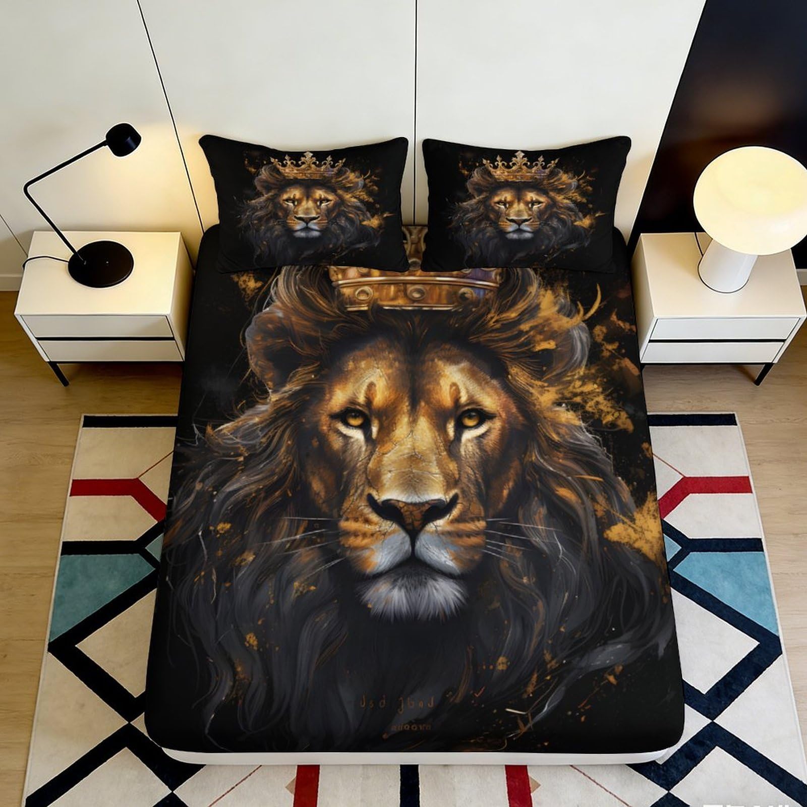 3D Printed Lion Crown Fitted Sheet Microfiber Durable Soft 3D Printed King Lion Mattress Cover for Bedroom Dormitory Guest Room Protection 200x200x25cm