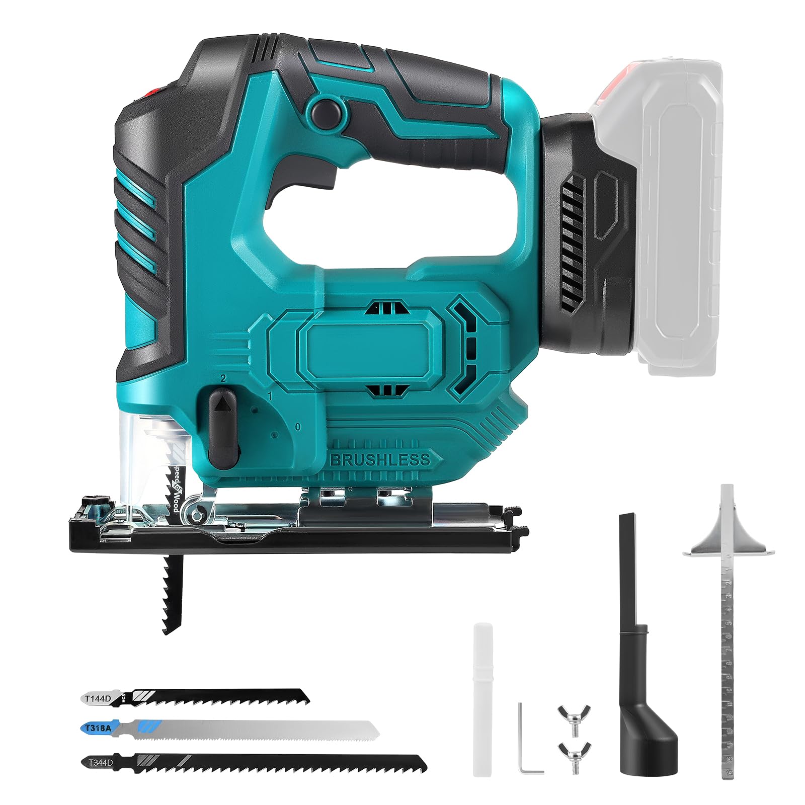 Electric Jig Saw with 3 Orbital Settings, 45° Adjustable Bevel Cuts, Compatible with 18V Batteries, for Cutting Wood and Metal (Battery Not Included)