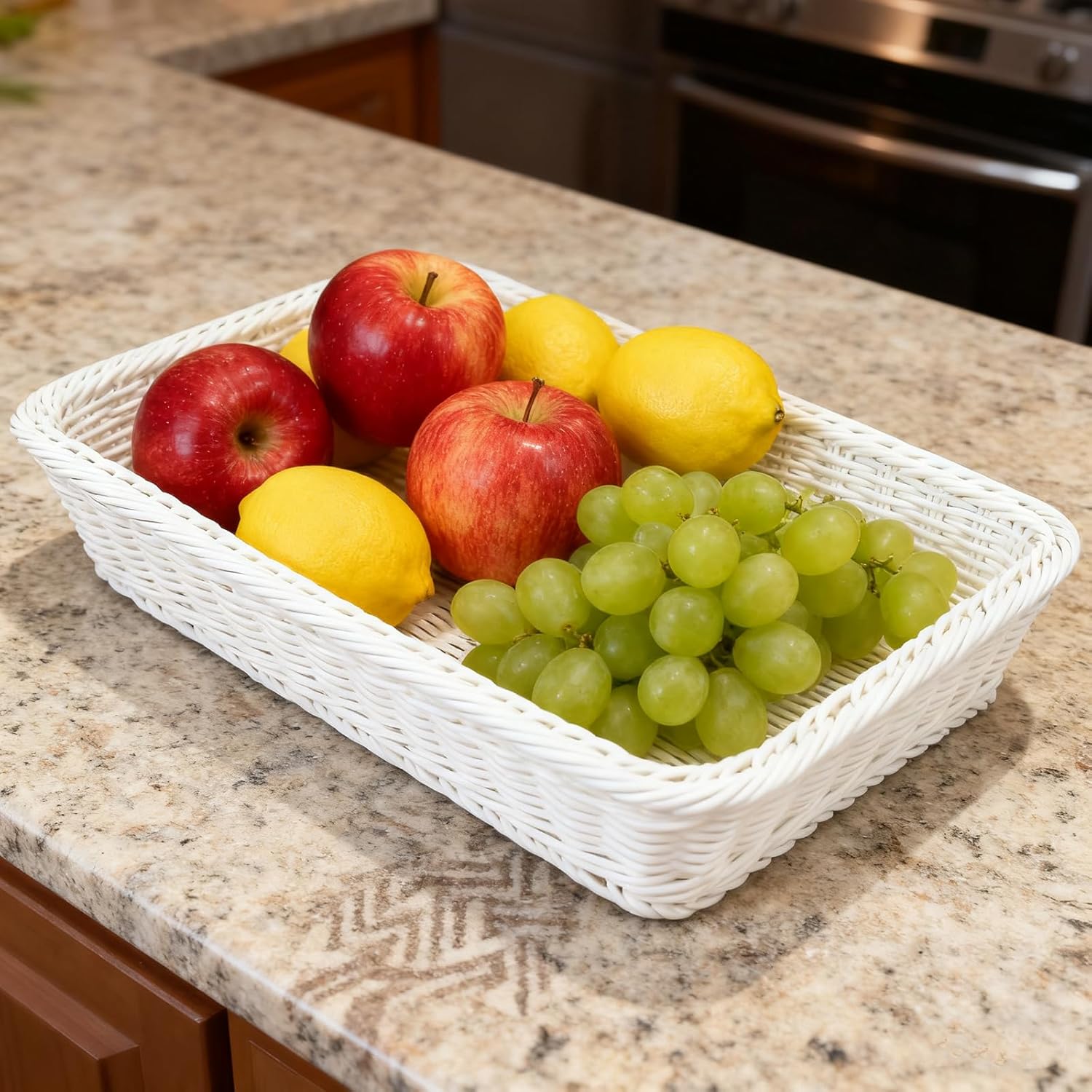 JEUIHAU 4 Pack Poly Wicker Bread Baskets,15.7inch Rectangle Food Display Baskets Moisture-Resistant for Kitchen Storage/Tabletop Serving/Hotel Buffet (White)
