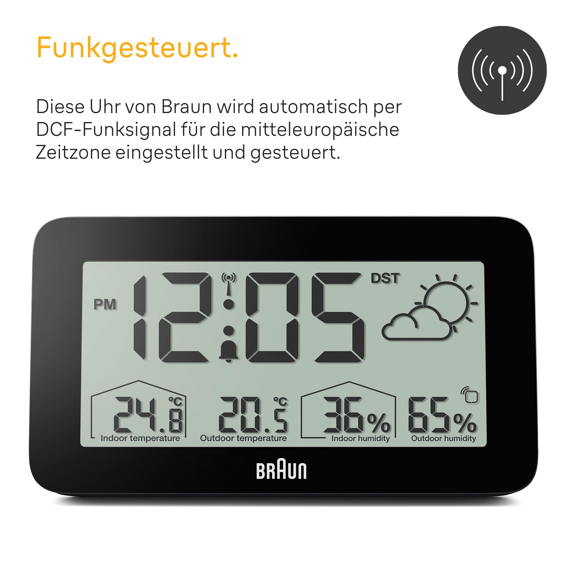 Braun Digitale Wetterstationsfunkuhr für die mitteleuropäische Zeitzone (DCF) mit Anzeige von Innen- und Außentemperatur, Luftfeuchtigkeit, Vorhersage, Alarm-Piepton in schwarz, Modell BC13BP-DCF.