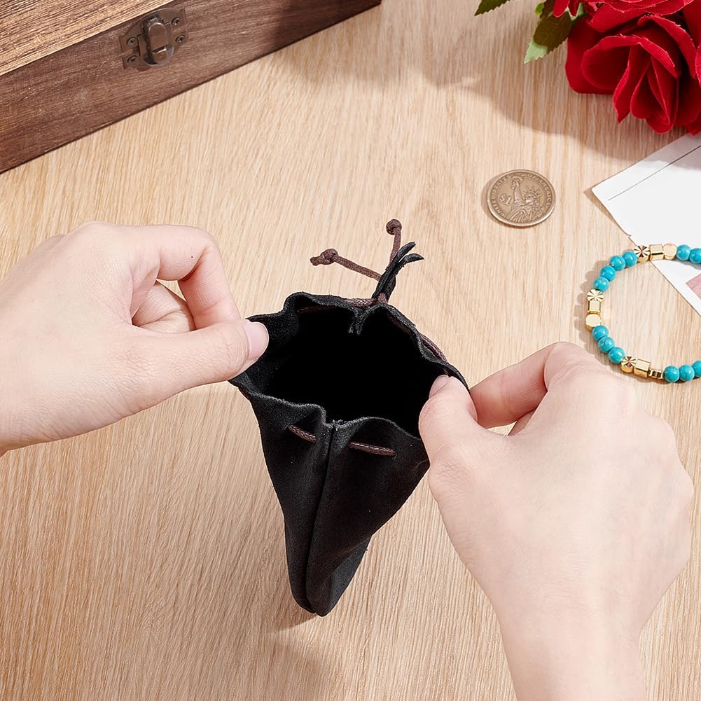Beebeecraft Leather Drawstring Pouch 4.7x3.9 Inch Small Cowhide Black Medieval Vintage Money Dice Coin Purse Wallet Change Bag Storage Organizer for Jewellery Earphone Women Mens Gift