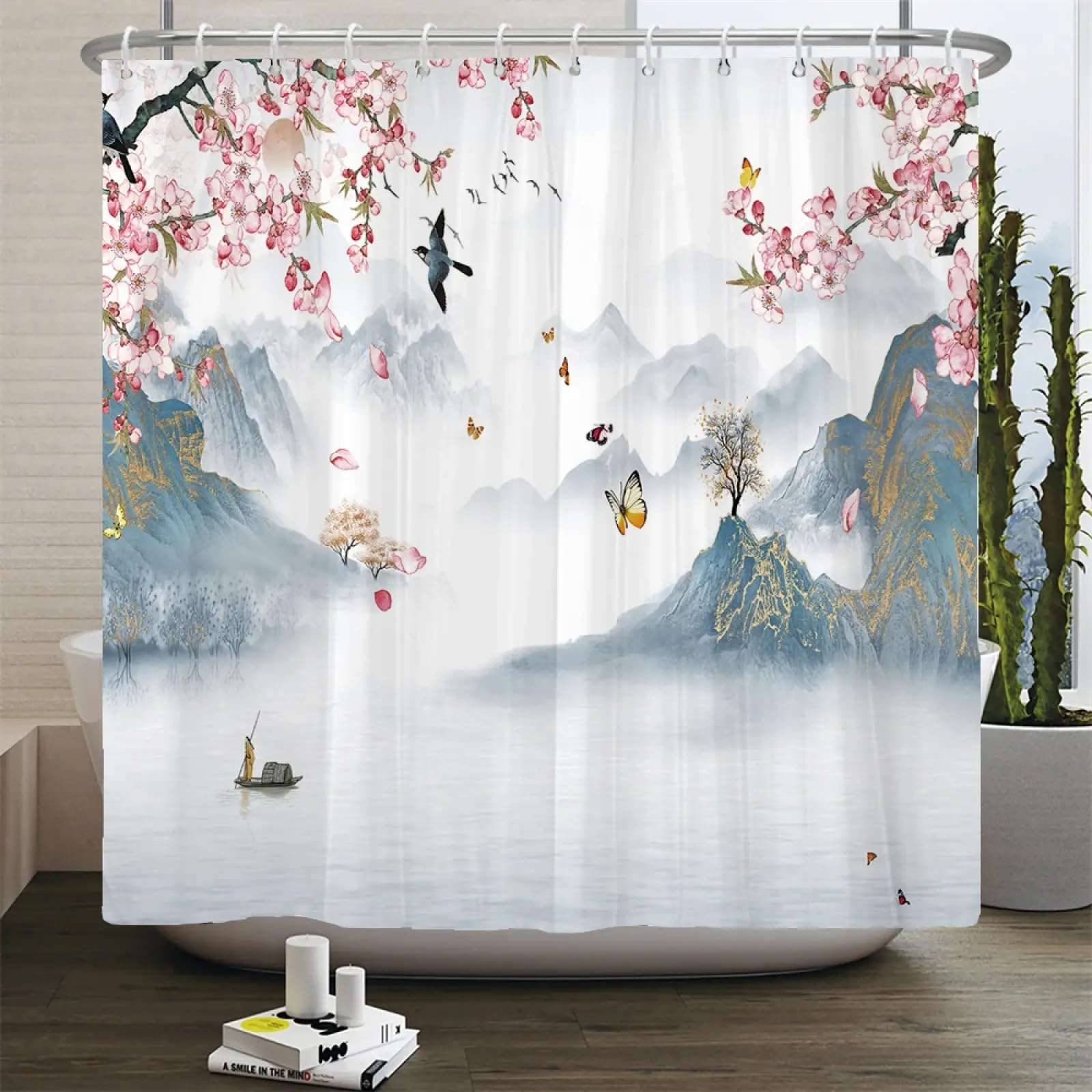 Rideau de douche fleurs et oiseaux en tissu haut de gamme imperméable 86x160