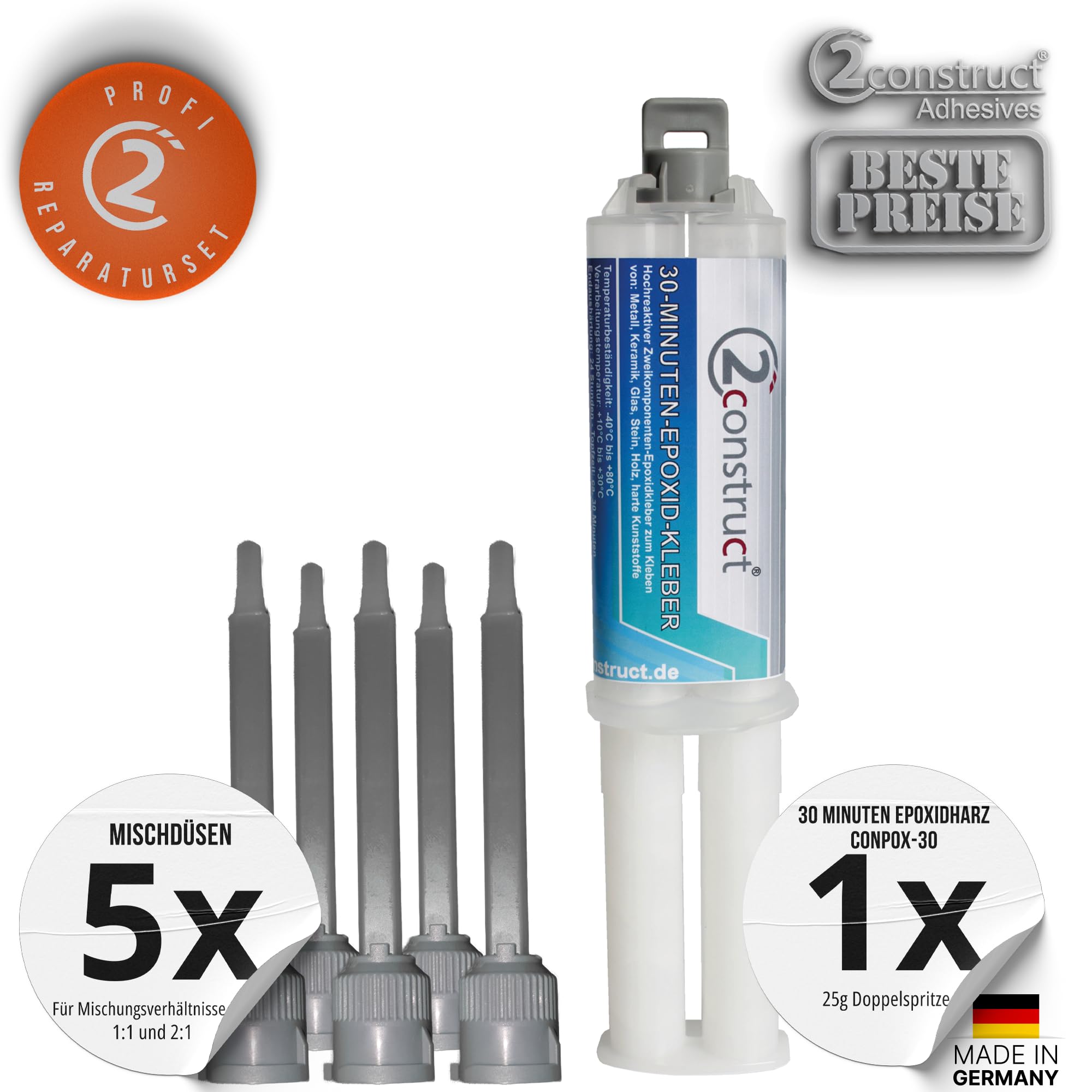 30 Minuten Epoxidharz ConPox-30, 25g, Spritze mit 5 Mischdüsen