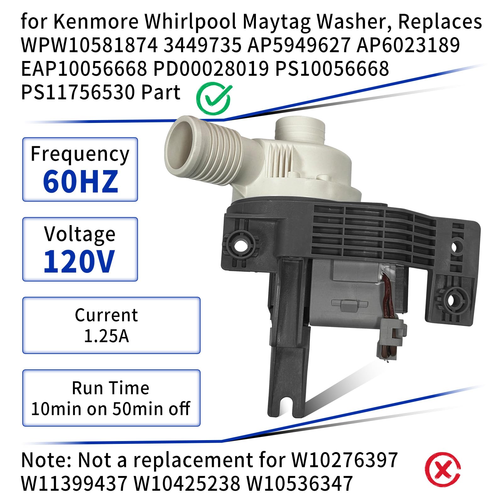 Bomba de drenaje para lavadora W10581874 para bomba de drenaje Maytag Kenmore Whirlpool 7 mm MVW WTW 7MW