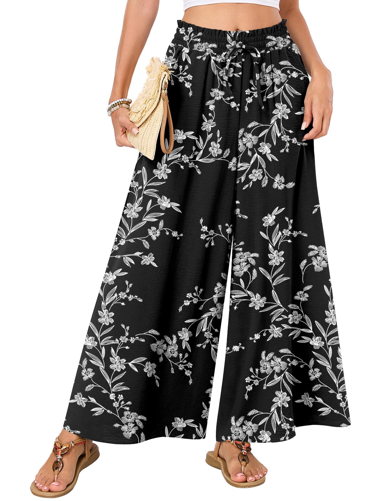 Bestbee Palazzo Long Pants for Women Dressy Casual Wide Leg Slacks Elastic Waist Outfits Flowy Pants with Pockets