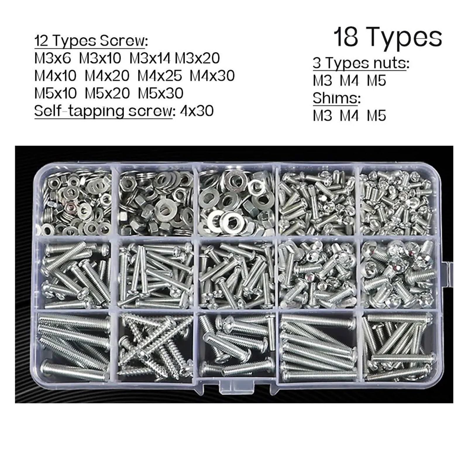 Heimwerker-Werkzeugkasten, Set Mit Selbstschneidenden Schrauben M2, M3, M4, M5 Und M6 – Inklusive Muttern, Kappen Und Unterlegscheiben(18 types-B-294Pcs)