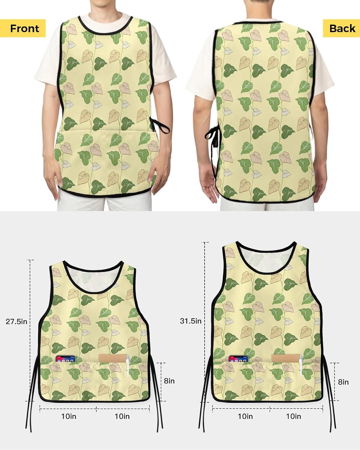 Fall Leaves Cobbler Aprons with 2 Pockets for Women Men, Vintage Green Watercolor Leaf Botanical Plant