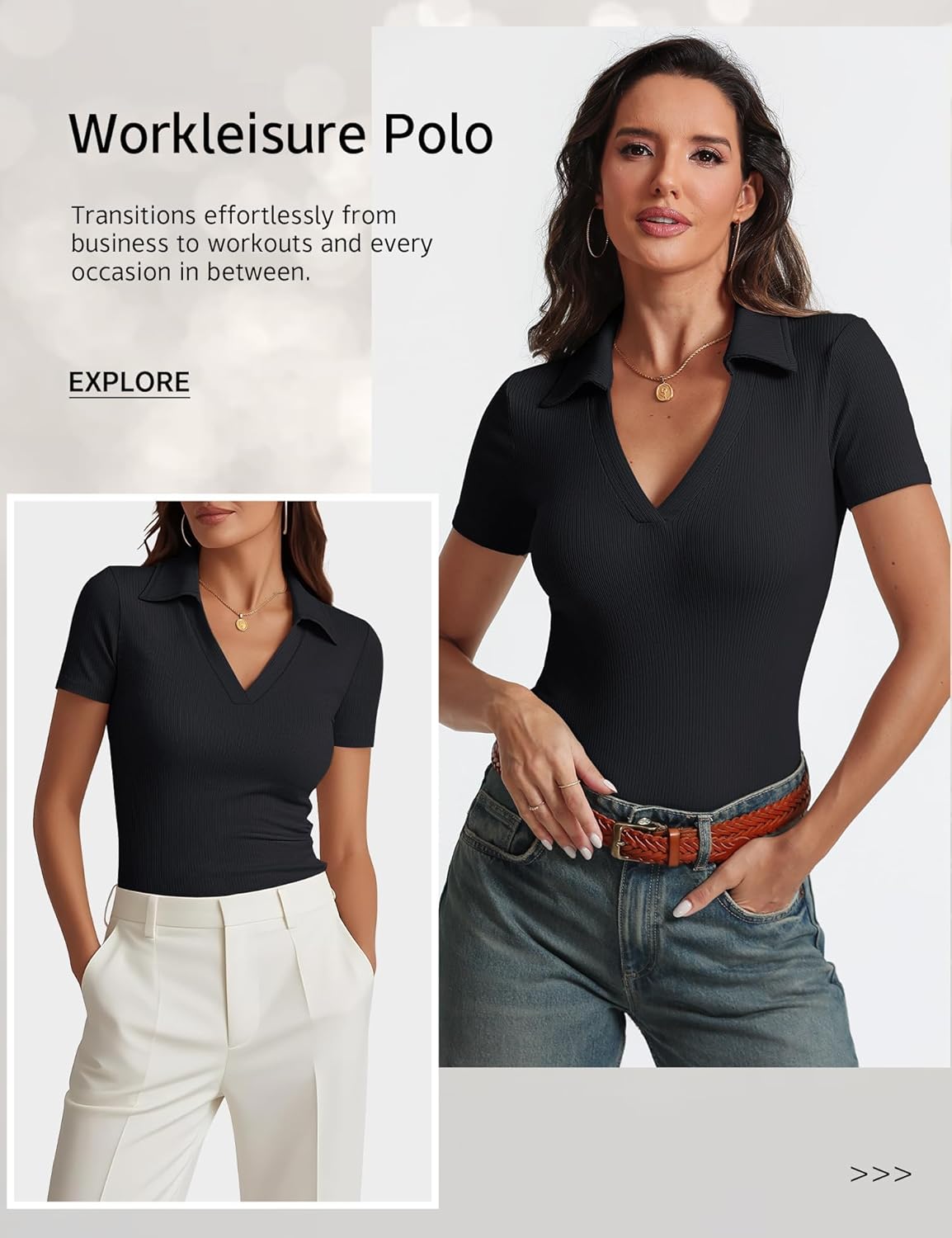 Womens Short Sleeve Business Casual Tops Summer V Neck Polo Work Shirts 2025 Fitted Basic Collared Shirt - Image 3