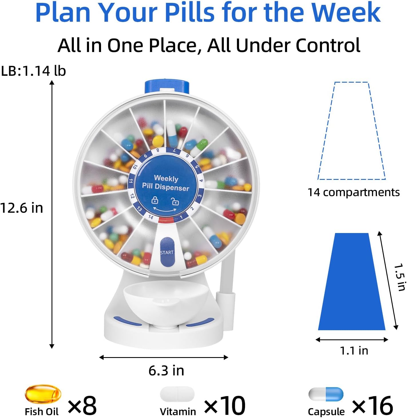 JULOS 14 Days Pill Organizer with Wall-Mounted or Standing Use for Elderly, Daily Large Pill Box with Easy Press Button, Pill Organizer for Medicine, Vitamin or Supplements, Blue