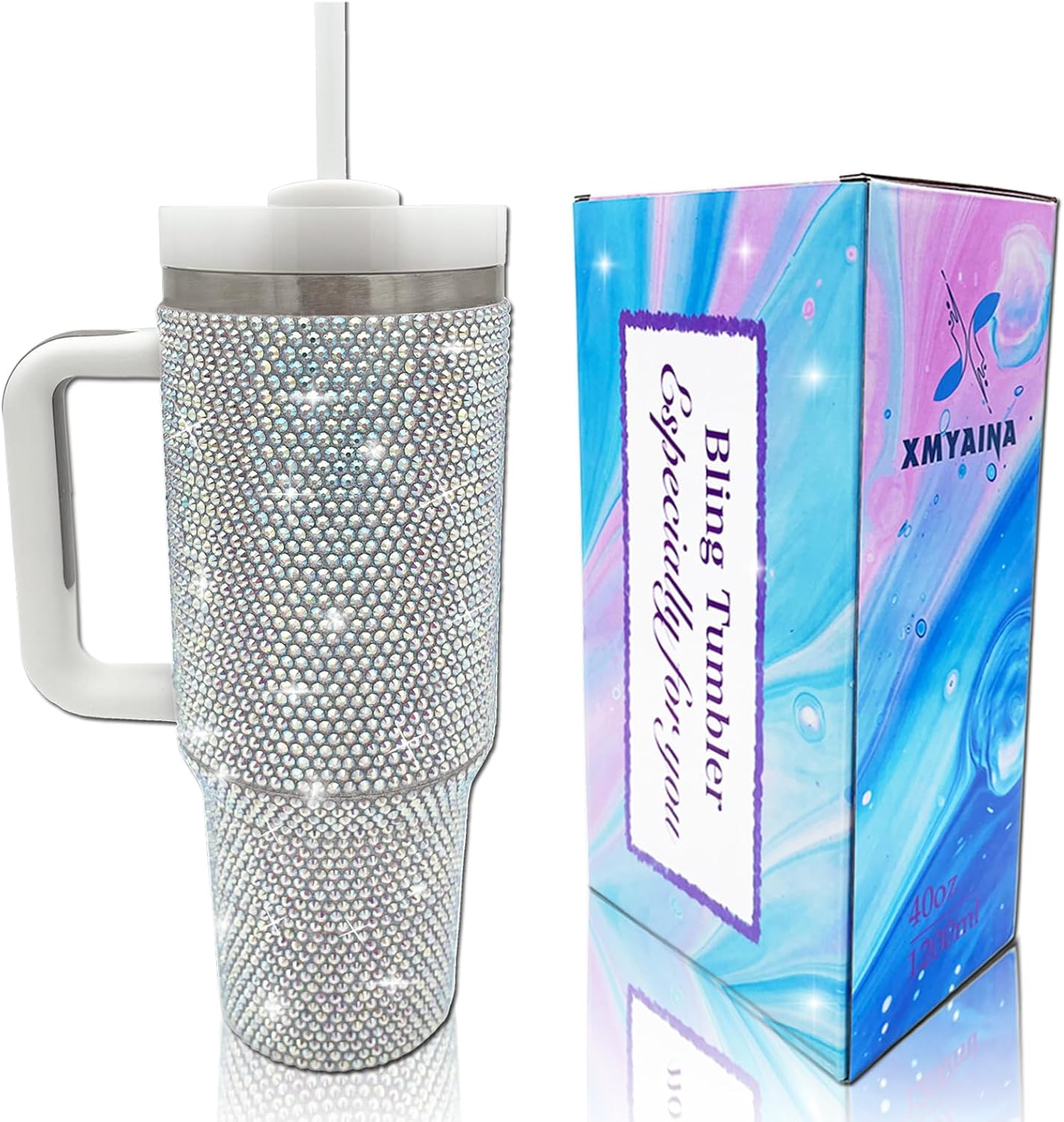 XMYAINA 40oz Bling Tumbler with Handle and Straw Lid Rhinestone Studded Tumbler Cups Vacuum Insulated Stainless Steel Double Wall Water Bottle Travel Mug Gifts for Women Her (Polar Light)