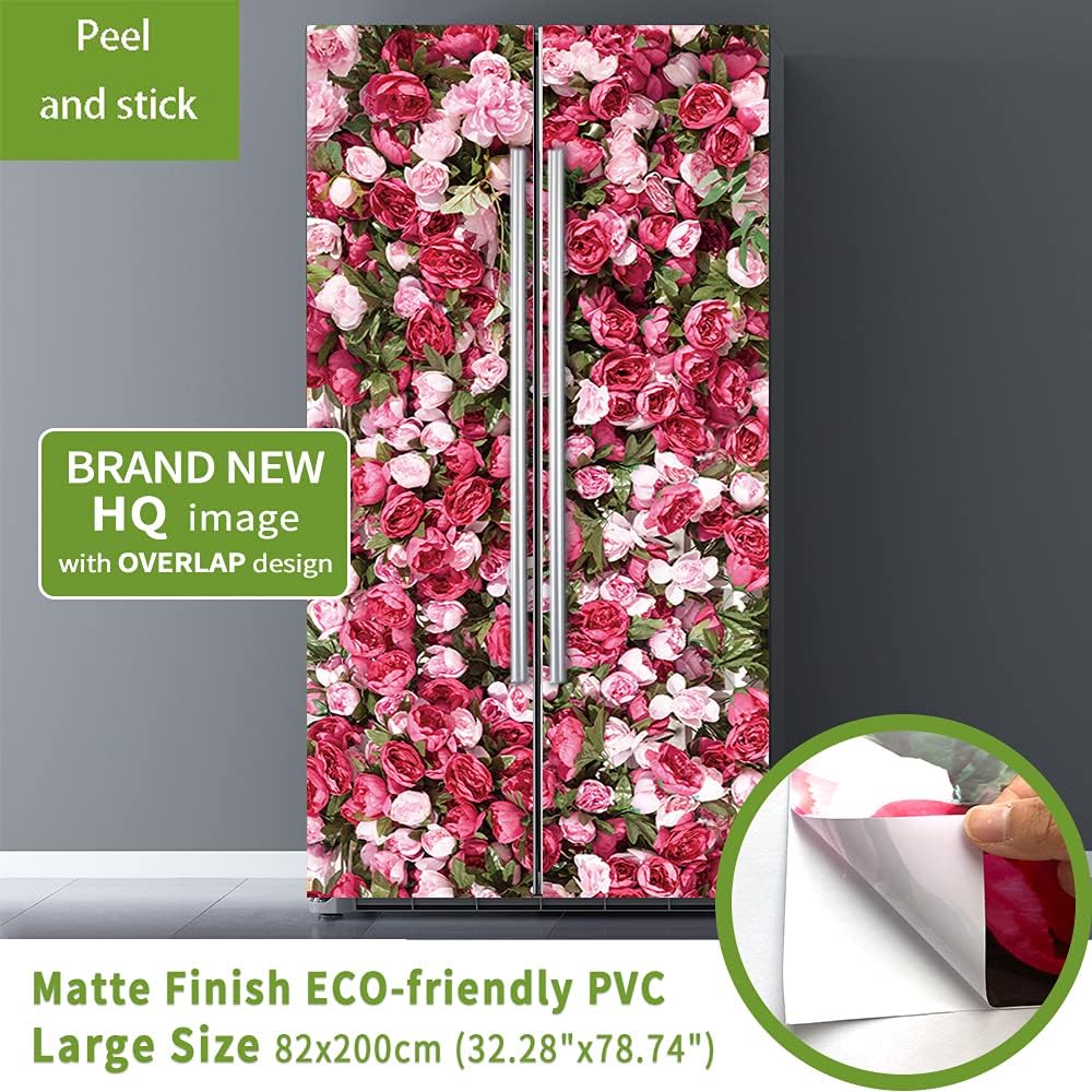 Nature Art Self Stick Vinyl Door Mural Sticker, Peel and Stick Removable Refrigerator Wrap Decal, Passionate Roses, 32.3x78.7, 2 Pcs Set