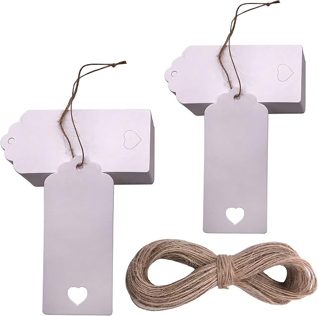 Christmas Gift Kraft Tags,100 pcs Gift Tags,4cm x 9cm Paper Tags Rectangular Heart Hollow Name Tags for DIY Arts Crafts,Christmas,DIY Kraft Gift Tags with 100 Feet Jute Twine