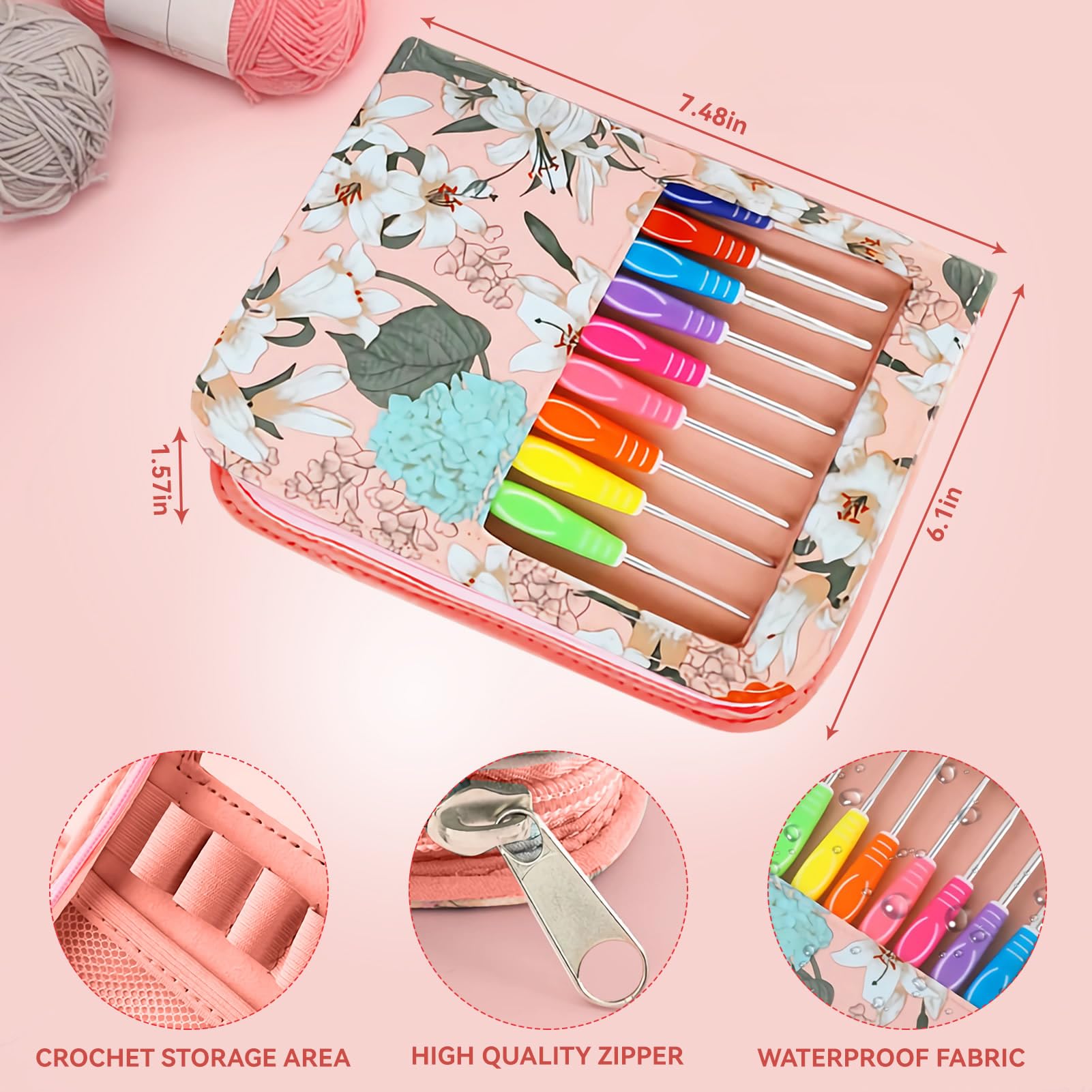 Dasonwin Set di uncinetti ergonomici da 60 pezzi con custodia da viaggio, kit di uncinetti in alluminio per principianti ed esperti, design adatto all'artrite, include pennarelli e accessori (rosa)