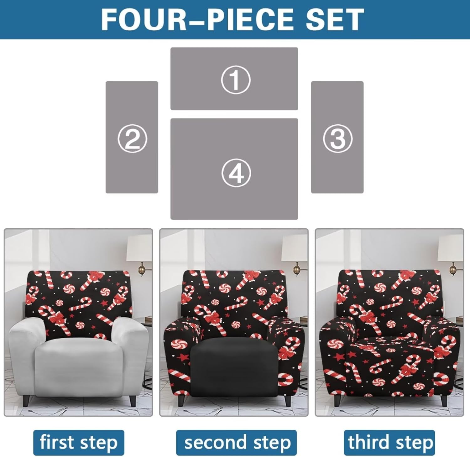 Christmas Candy Bow Star Print Stretch Recliner Slipcovers, Sofa Cover 4-Piece, Lazy Boy Chair Covers Furniture Protector, Recliner Chair Cover with Storage Pocket Christmas Decor
