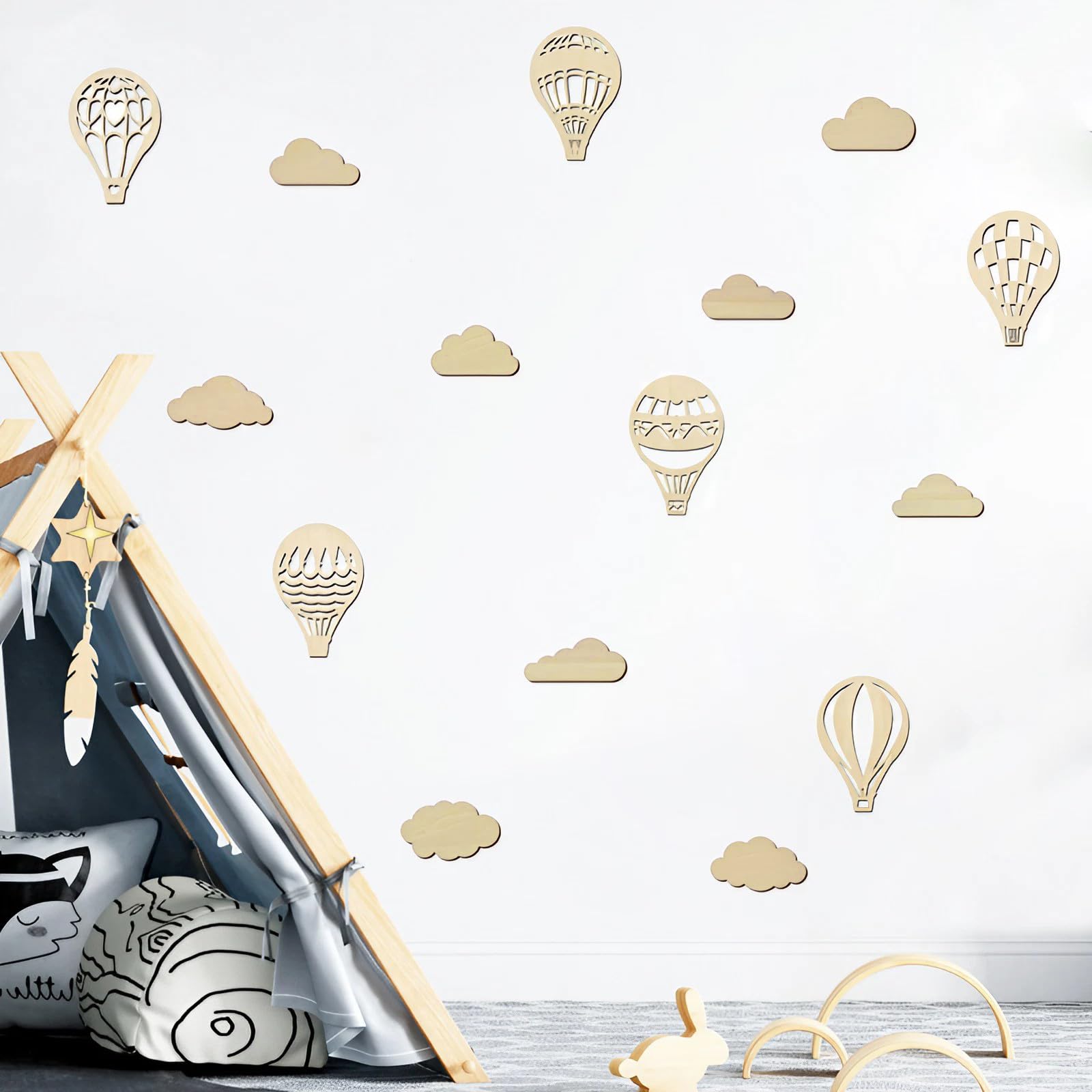 Heart Tong Wooden Wall Decoration, Hot Air Balloon and Cloud Wall Art, Ideal for Children's Room, Bedroom and Living Room - Image 2