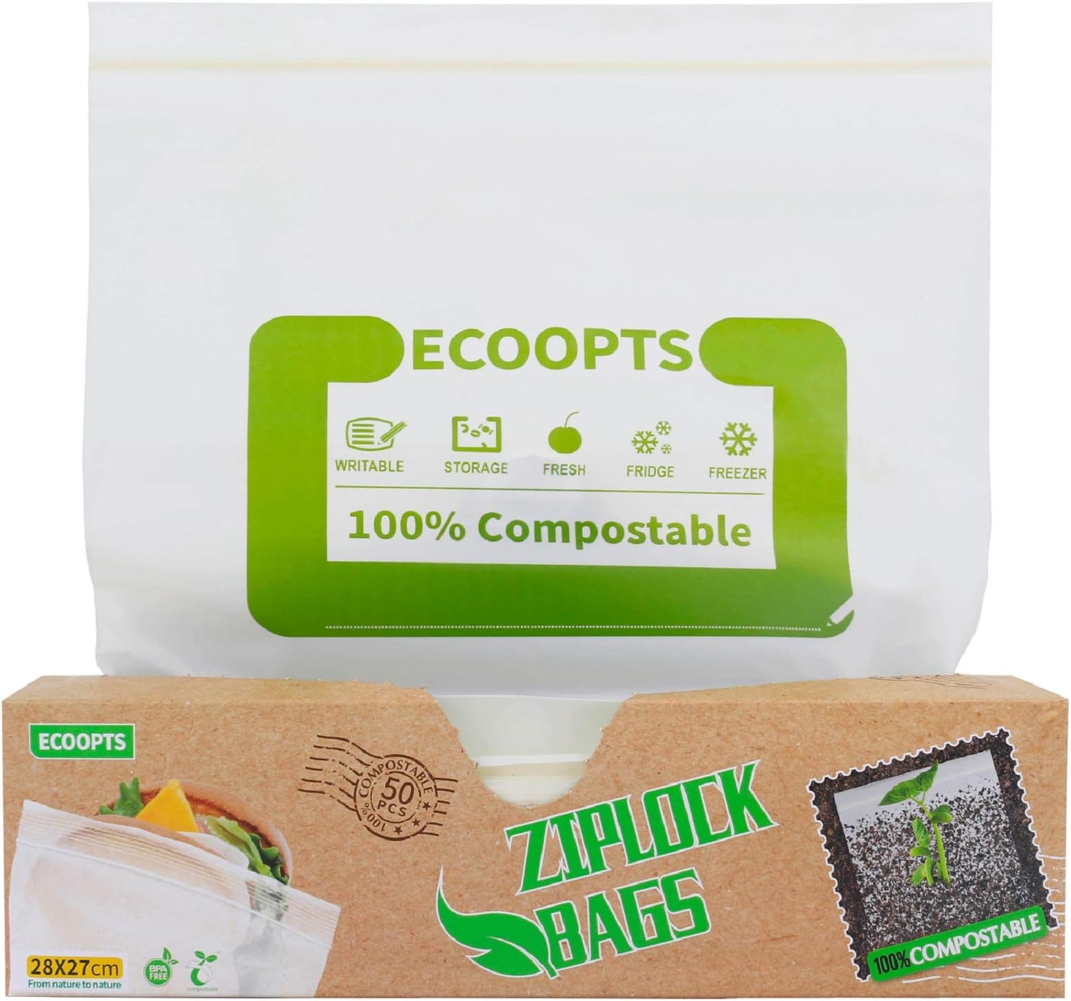 50 xECOOPTS Biodegradable Freezer Bags Sandwich Food Storage Ziplock Bags ASTM D6400 BPA Free -11×10.6 in