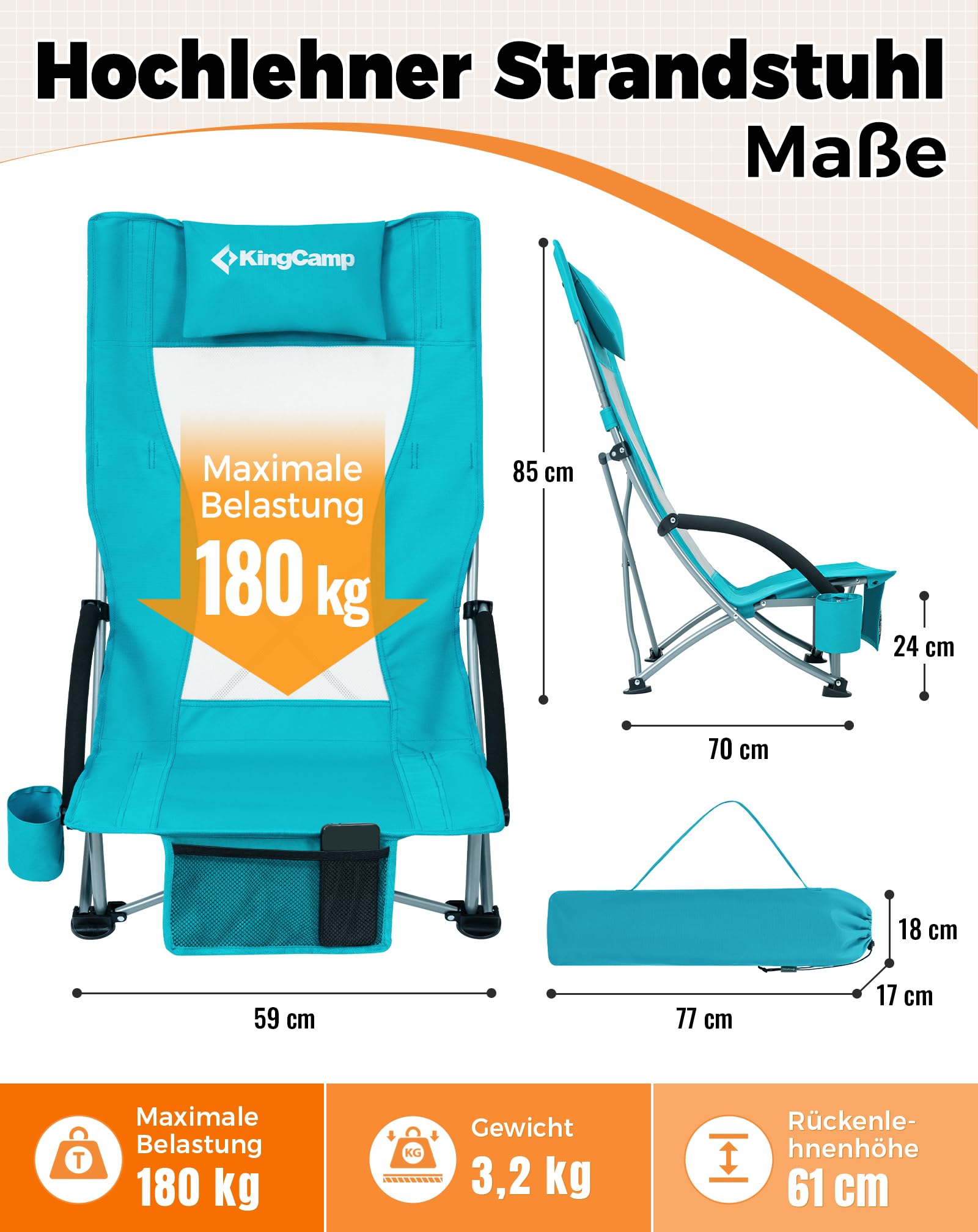 KingCamp Niedrig Strandstuhl Klappbar Leicht, bis 180 kg Belastbar, Campingstuhl Strandstuhl Faltbar mit Hohe Netzrückenlehne, Klappstuhl Strand mit Getränkehalter Netztasche, Strandsessel Cyan