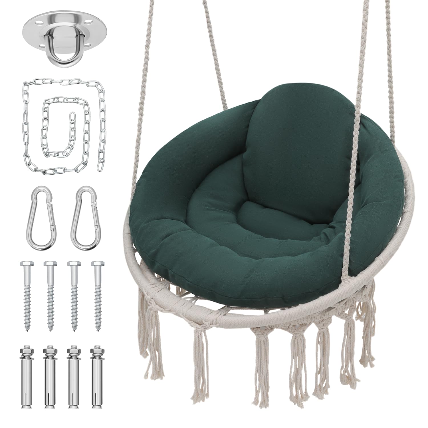 Monibloom Hanging Hammock Chair w/Dark Green Cushion, Porch Macrame Swing Chair Hanging Chairs, Max 350 Lbs Capacity Hanging Swing for Adults & Teens, Comfy Hammock for Relaxing Reading Napping, White