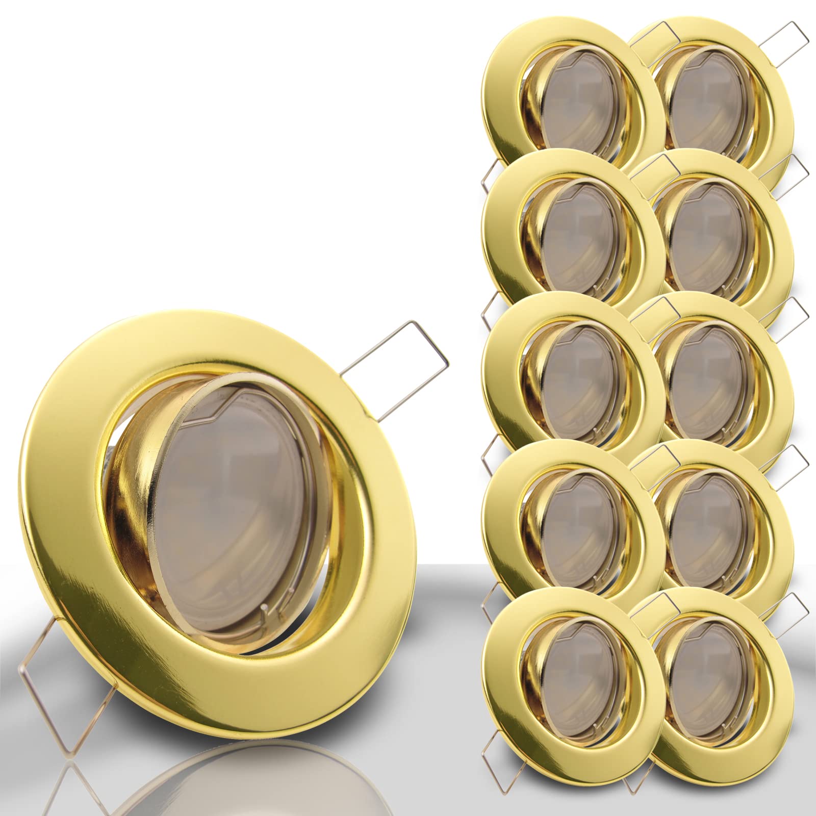 trendlights24 Decora LED Einbaustrahler 230V 10er Set 6W Warmweiß GU10 Spot | Deckenspots, Gold, rund, 450 lm, 3000k, LED Spots, austauschbar, Decken Einbauleuchte, schwenkbar, 68 mm Lochmaß