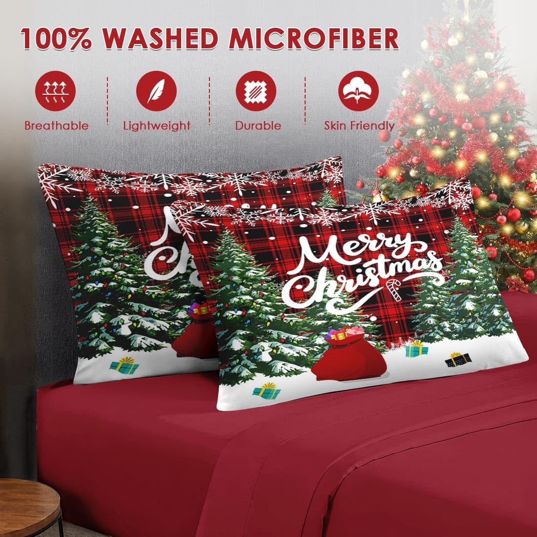 7点 クイーンサイズ クリスマス掛け布団セット 枕カバー2枚&amp;枕カバー2枚付き グリーンカートゥーンツリー寝具 子供と大人向