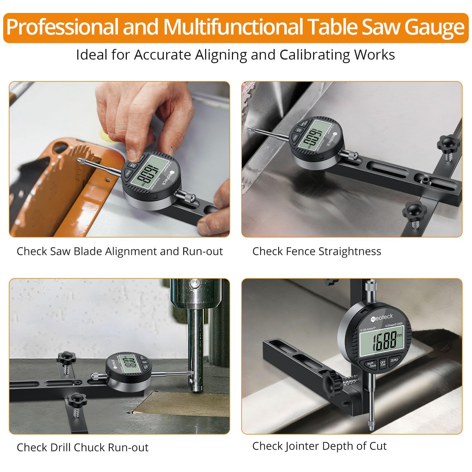 Neoteck 0-1'' Digital Dial Indicator Table Saw Gauge with 0.75inch Width Anodized Aluminum Bar for Aligning and Calibrating Work Shop Machinery Table Saws Band Saws and Drill Presses-Black