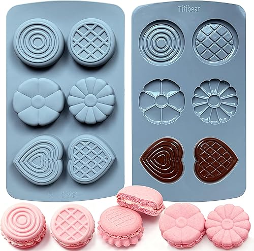 Paquete de 2 moldes de silicona para magdalenas, moldes redondos y con forma de corazón para hornear, 6 cavitas, flores, macarrones, waffle, molde