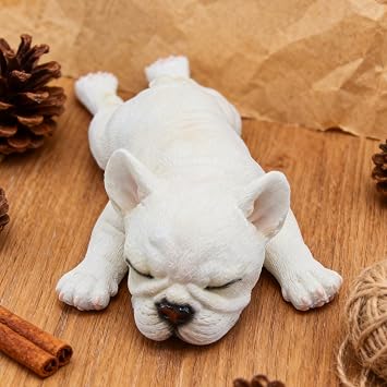 Sleeping French Bulldog Figurine, Creative Resin Bulldog Statue Cute Bulldog Sculpture Home Office Decor Car Dashboard Decoration Desktop Ornaments Centerpiece Collectible Crafts Gift White 1