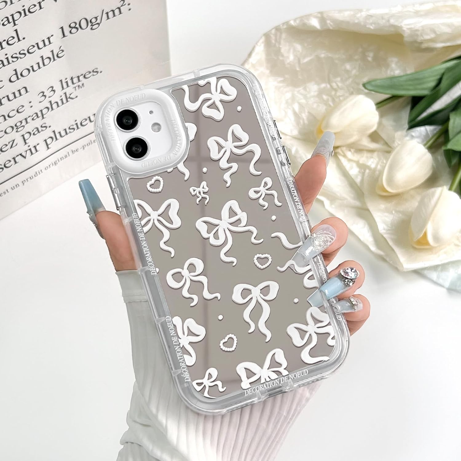 Condition photo showing New/Like New for nititop compatible with iphone 11 case cute mirror bow love heart pattern for women girls ribbon design shockproof silver protective phone cover - white bow white iphone 11