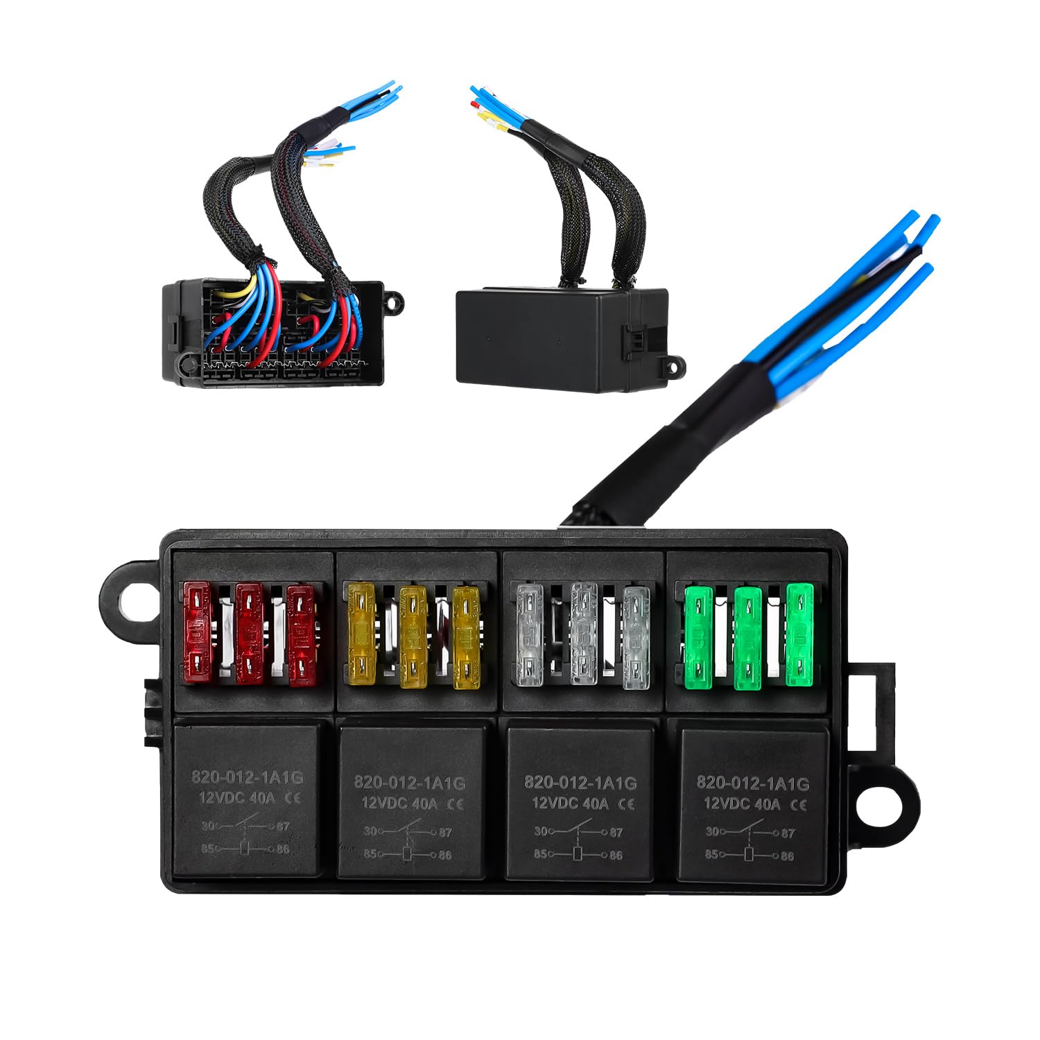 Pre-Wired Fuse Relays Block Kit,12V Fuse Relay & 6 ATC/ATO Blade Fuses,4Pin 5Pin Terminal 40A Relays Pre-Wired Waterproof Fuses Relay Box for Car Truck