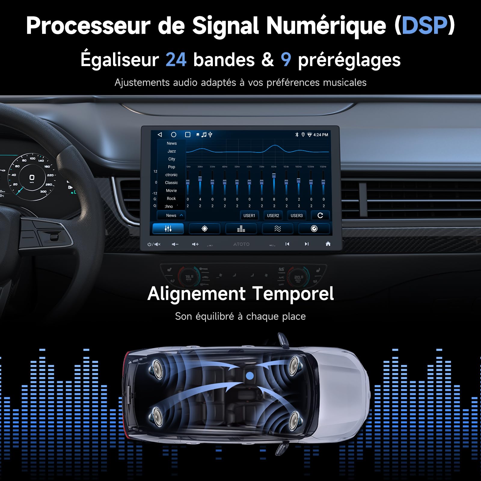 A5L 10.1 Pouces 2 DIN & 1 DIN Adaptatif Autoradio Android, Écran Flottant Voiture, CarPlay & Android Auto sans Fil, 24 Bandes, Suivi GPS, Caméra de Recul, HD LRV, 2G+32G, DSP/FM/RDS