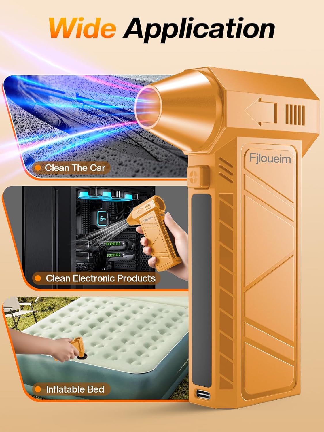 Compressed Air Duster, 130,000RPM Multi-Functional Electric Blower with 4-Speed Adjustable Settings for Dust Removal, Blowing & Suction – Ideal for Cars, Computers, Keyboards, and Outdoors（Orange）