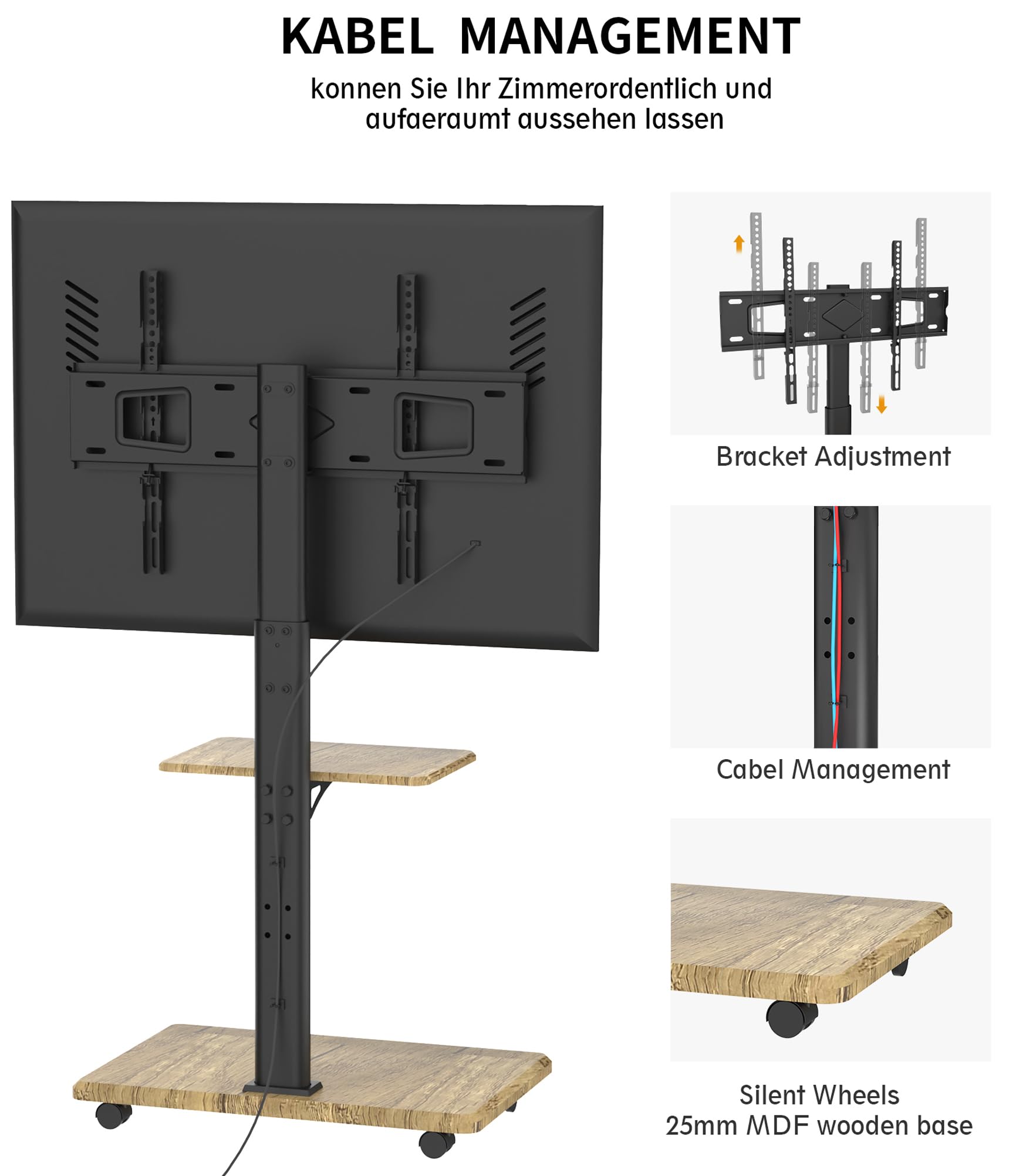 Delphos Mobiler TV Ständer Rollbar mit Holzfuß, Fernsehständer für 32-70 Zoll Fernseher bis zu 45 kg, Hoehenverstellbar bis ca.130 cm Drehbar ±25° Max.VESA 600x400