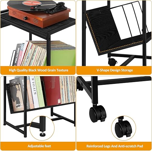 Miniatura 5 de Record Player Stand for Vinyl Records, Night Stand with Charger Station, Record Player Stand with Album Storage, Black End Table for Living Room,
