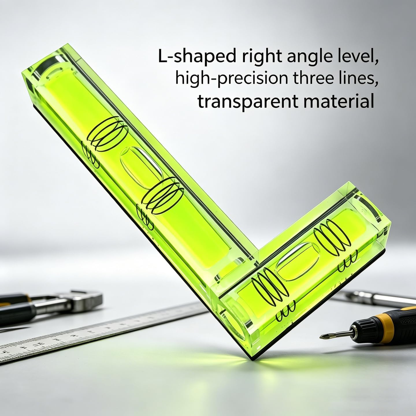 L-Shaped Spirit Level, High Visibility Green Acrylic Construction, Multi-Vial Angle Measurement Tool (95X44X17mm)