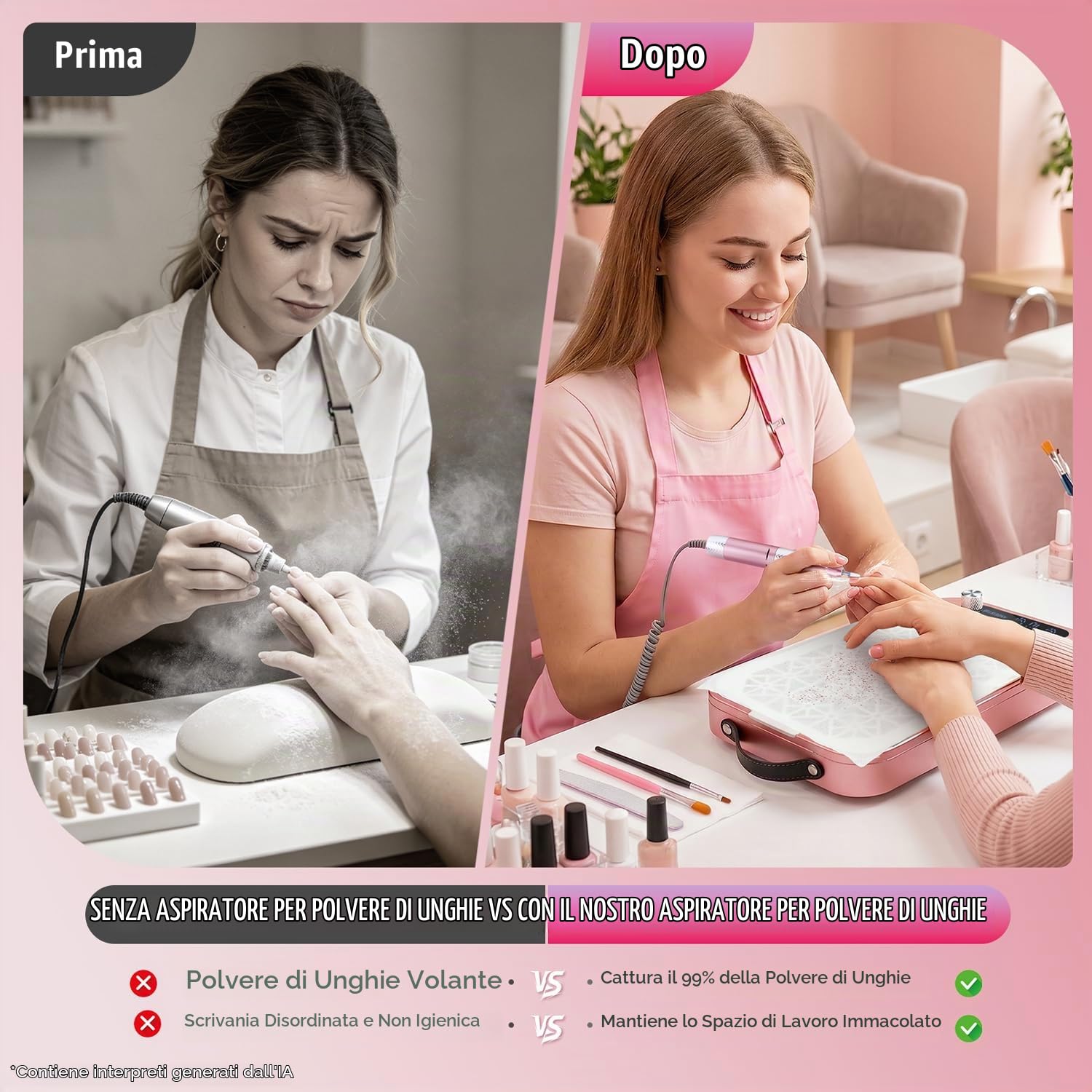 Collettore Polvere Unghie, 2000PA Professionale per Collettore di Polvere Unghie Tecnologia Unghie, con 45 Fogli di Filtro Monouso, per Manicure a Salone Unghie & Home DIY, Rosa