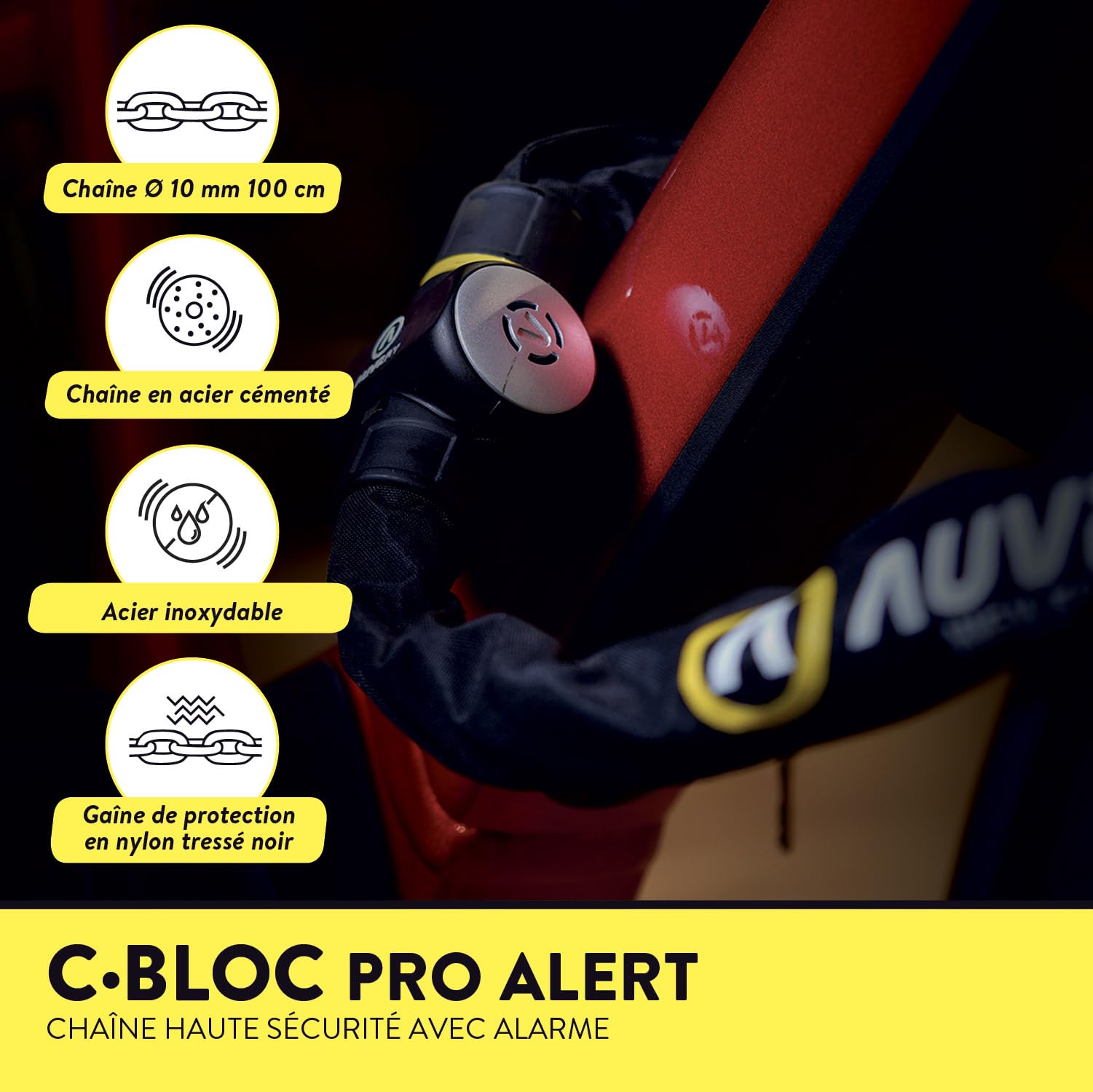 AUVRAY - Antivol vélo chaîne C·BLOC PRO ALERT - Certifié ART 4327 - Alarme 120 dB - Niveau de sécurité 8/10 - Recommandé par les Assureurs- Chaîne acier cémenté Ø10mm - Longueur 100cm - Haute sécurité