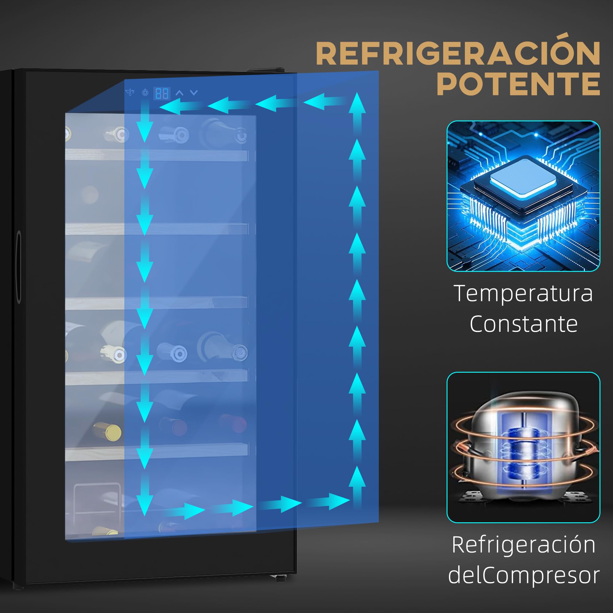 HOMCOM Nevera Vinos 24 Botellas 65L Vinoteca con Luz LED Interior Pantalla Táctil Digital Control de Temperatura Puerta de Vidrio y 5 Estantes de Metal Negro