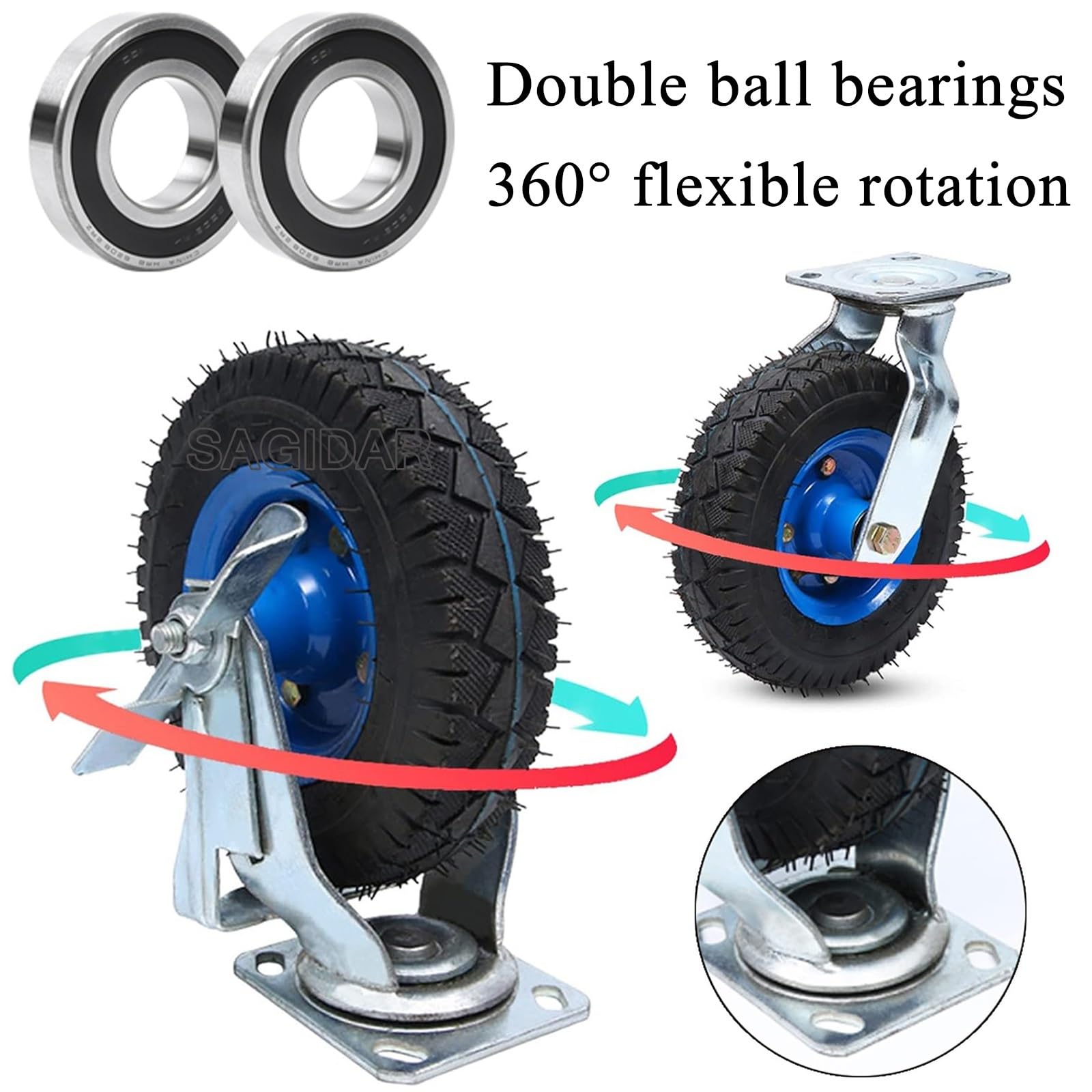 SAGIDAR Schwerlastrollen Industrie, Gummi Bockrolle 2 Stück, Luftreifen Gummi Lenkrolle Ø 20cm/25cm, Feststehend/Drehbar/Bremse, Tragkraft 200kg, rutschfest Und Verschleißfest, Gummi Ersatz Rollen