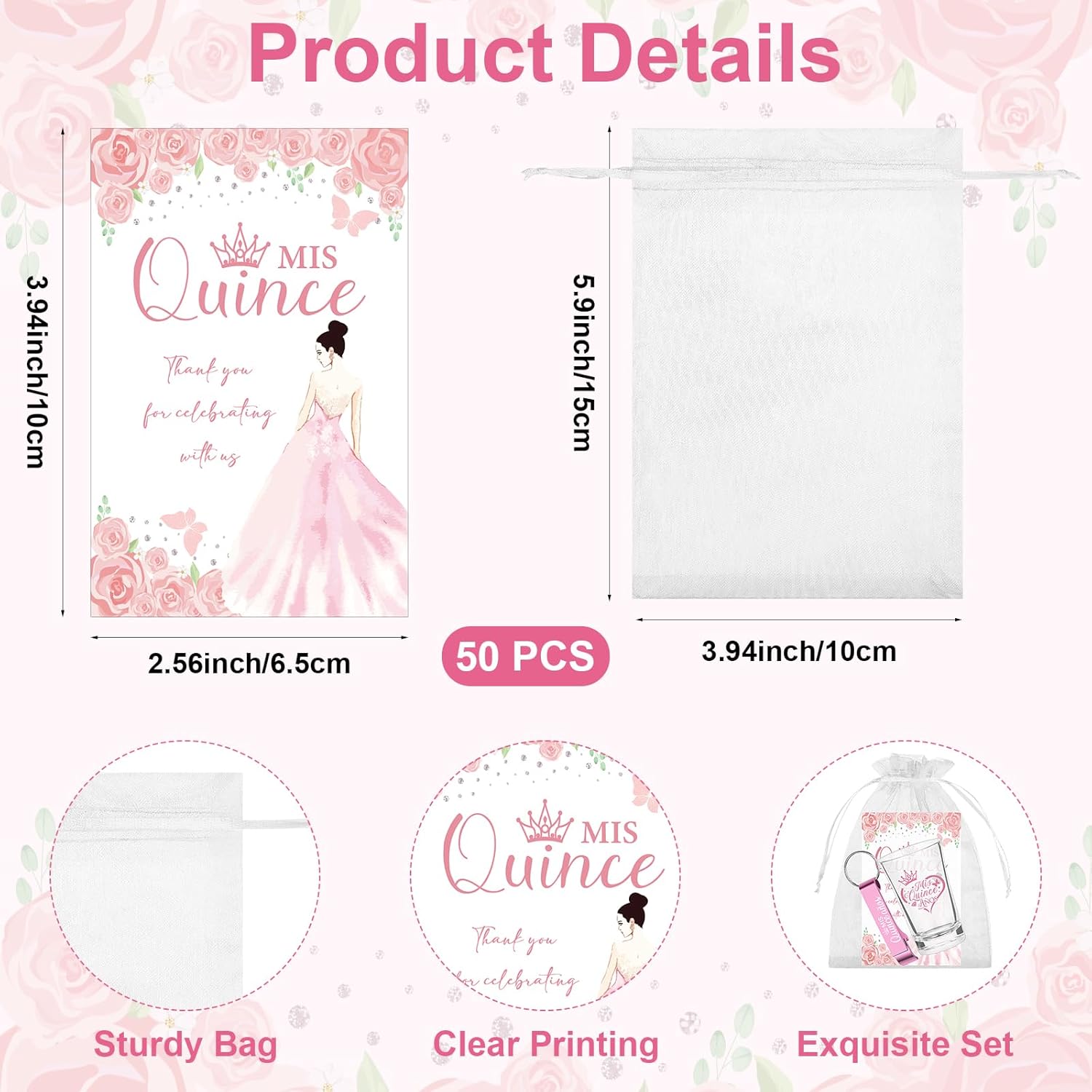 50 Sets Quinceanera Party Favor for Guest Quinceañera Acrylic Shot Glasses Sweet 15 Clear Shot Glasses with Bottle Opener Card Bag Mis Quince Anos Supplies for 15 Year Old Birthday Party