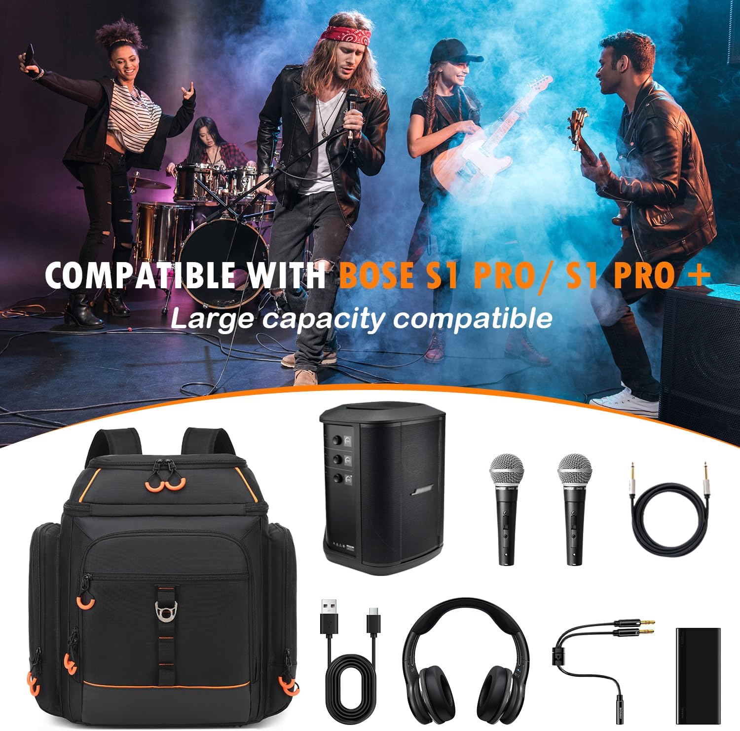 Carrying Case Travel Backpack Compatible with Bose S1 Pro/ S1 Pro+, Portable Bluetooth Speaker Bag with Shoulder Straps and Accessory Pockets for Microphone, Charger, Cable, Black+Orange - Image 5
