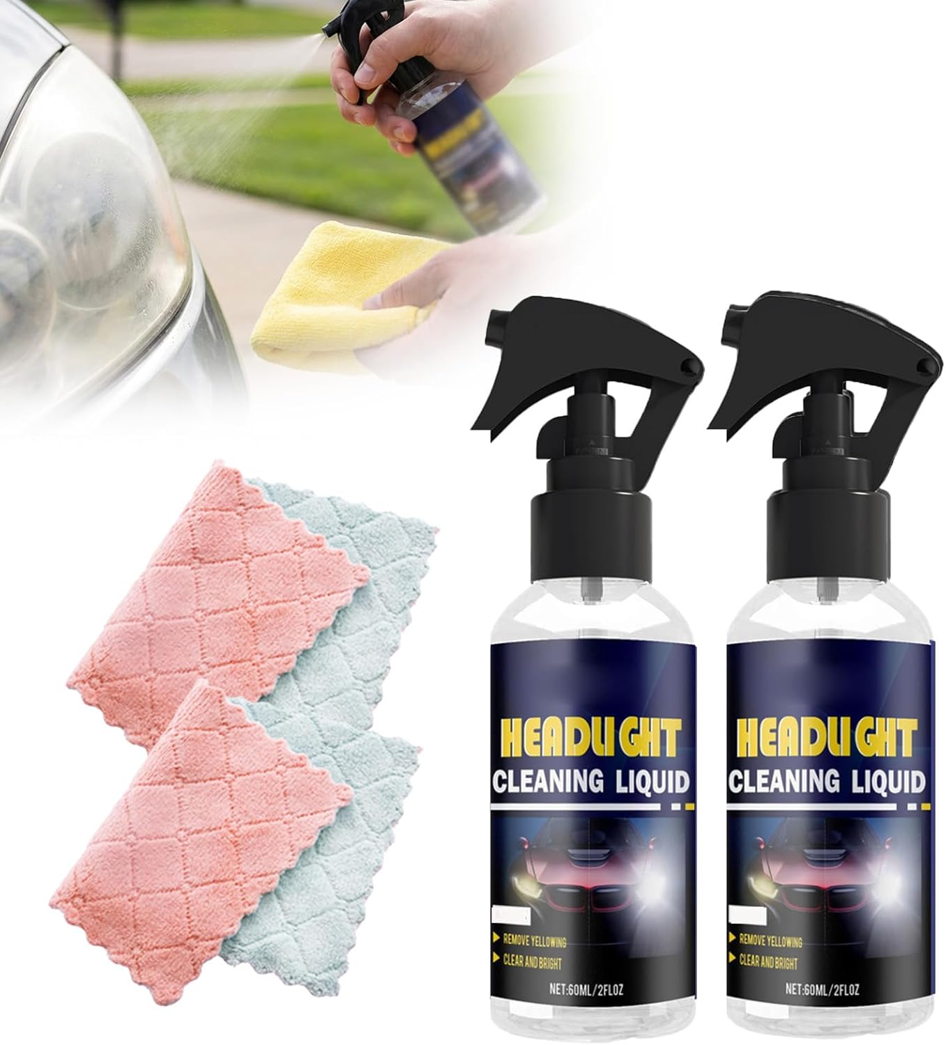 Car Headlight Restoration Spray Kit for Polishing Car Headlight, 2026 New Light Cleaner & Restorer Kit with Cleaning Cloth for Automotive Maintenance, Improve Nighttime Visibility (2, 60ml / 2fl Oz)
