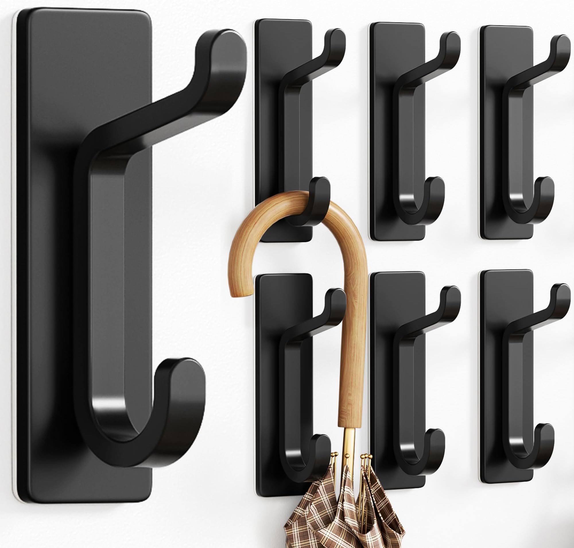 pickpiff 6-Pack Stick on Hooks for Hanging, Extra Sticky 6KG (Max), Coat Hooks for Door Self Adhesive, Metal Stainless Heavy Duty, for Towel Coat Hat Purse in Bathroom Shower, Black