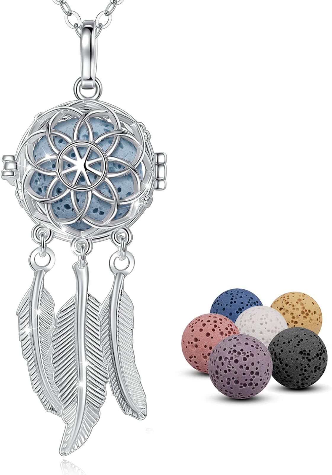 INFUSEU Dreamcatcher Necklace Aromatherapy Gifts Essential Oil Diffuser Lava Rock Stone Pendant Native American Indian Jewelry for Women Dream Catcher Feather Spiritual Meditation Items