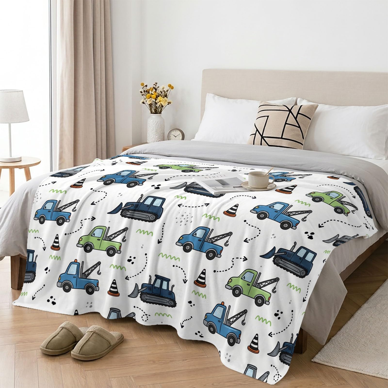 Manta mullida de 180 x 200 cm – Manta de franela suave de dibujos animados nórdicos reversible para sofá, sofá, vehículo de construcción, líneas flechas, manta de forro polar