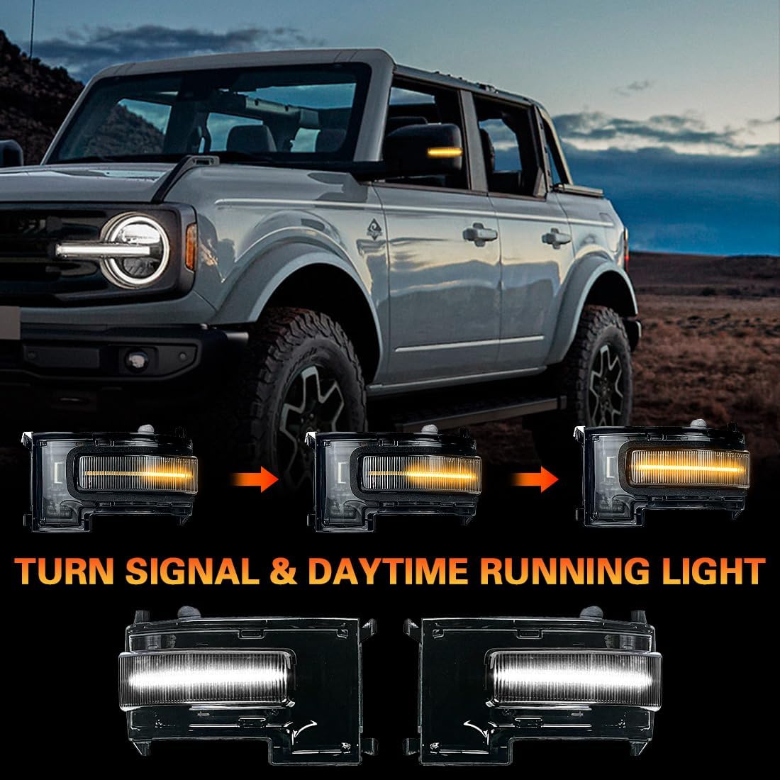 Off-Road Side Mirror LED Light with Amber and white Turn Signal Light Running Lamp Compatible with Ford Bronco 2021-2025