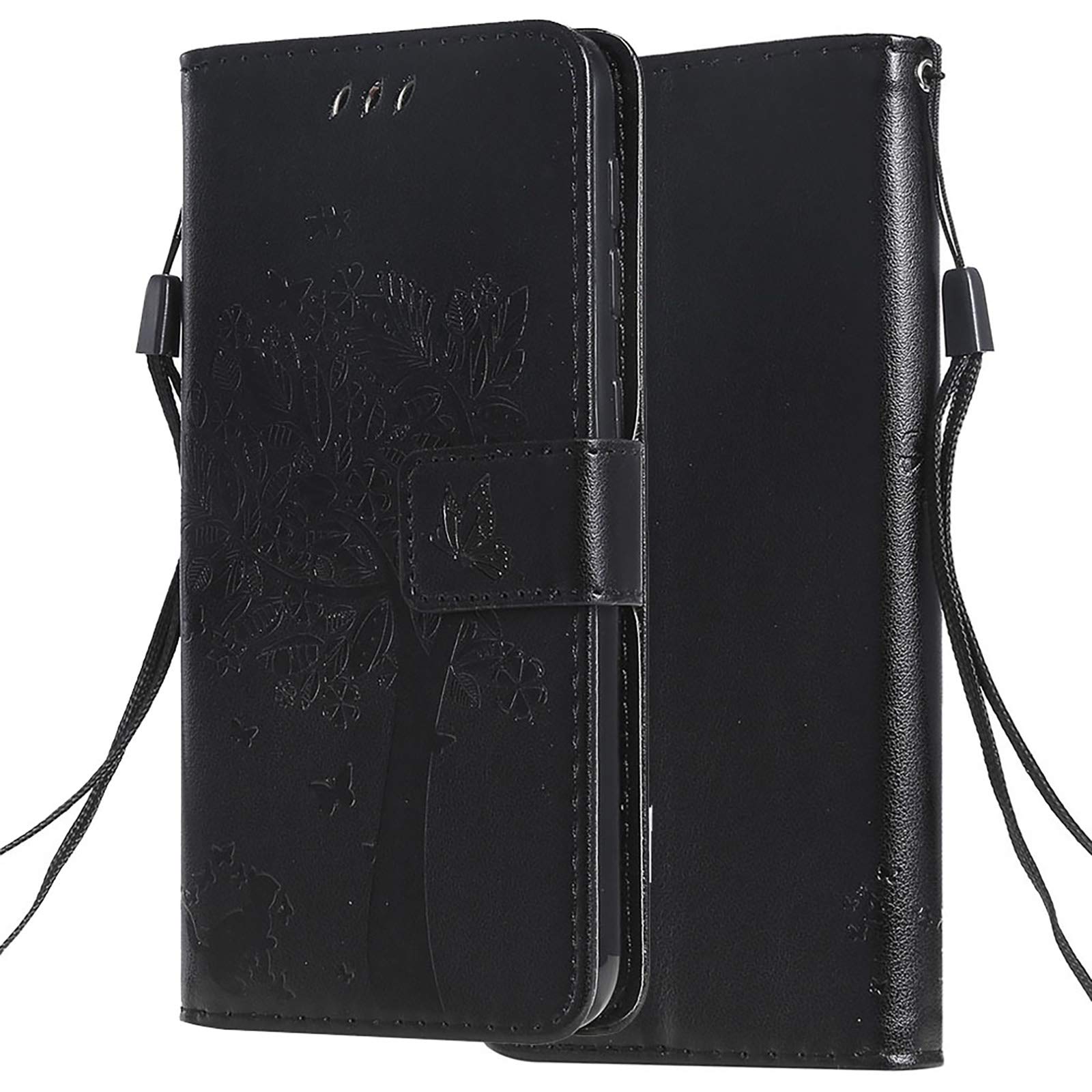 C-Super MallCase for Motorola Moto G40 Fusion/G60, Embossed Tree Cat Butterfly Pattern Stand Flip Magnetic Closure Card Slots Wallet Cover, Black