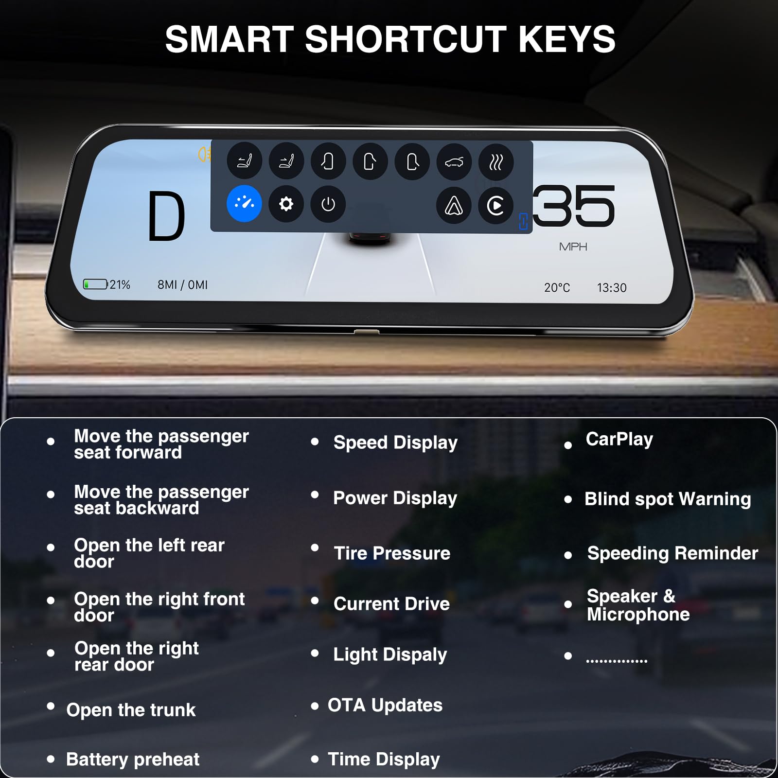 Affichage HUD Tesla pour Model Y (2019-2024) & Model 3 (2017-2023) – 9,66" sans Fil CarPlay/Android Auto, Alerte d'angle Mort, Écran Anti-Reflets