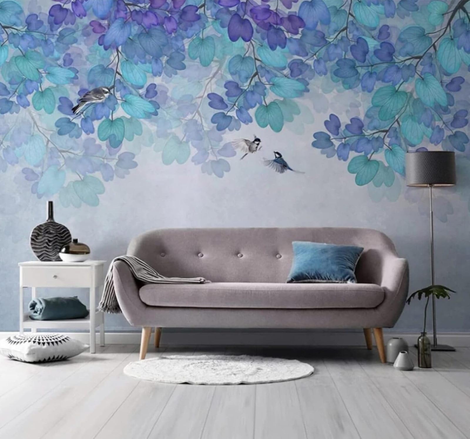 XLMING Hand Drawn Ink Wash Blue Leaves Birds 3D Wallpaper Luxury Home Dining Decor Paste Sofa Living Room The Wall for Bedroom Mural-200cm×140cm