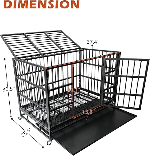 Miniatura 2 de Jaula para perros resistente de 38 pulgadas con ruedas con cerradura, jaula indestructible de alta ansiedad con doble puerta y bandeja extraíble,