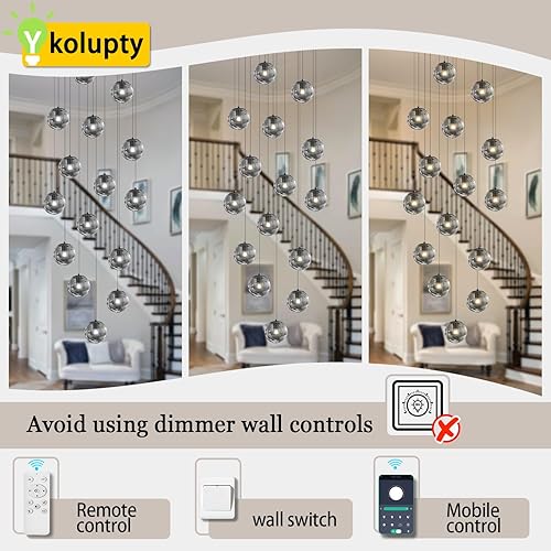 Miniatura 223 de Escalera LED de 10 luces LED moderna con globo de cristal, lámpara colgante grande para techos altos, accesorios de iluminación de entrada, villas y